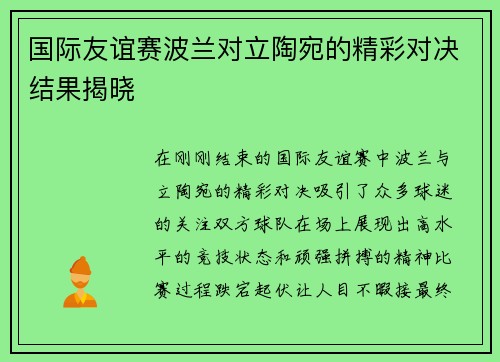 国际友谊赛波兰对立陶宛的精彩对决结果揭晓
