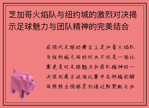 芝加哥火焰队与纽约城的激烈对决揭示足球魅力与团队精神的完美结合