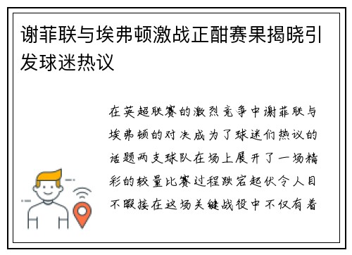 谢菲联与埃弗顿激战正酣赛果揭晓引发球迷热议