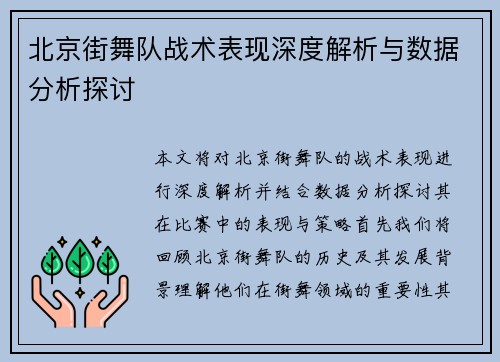 北京街舞队战术表现深度解析与数据分析探讨