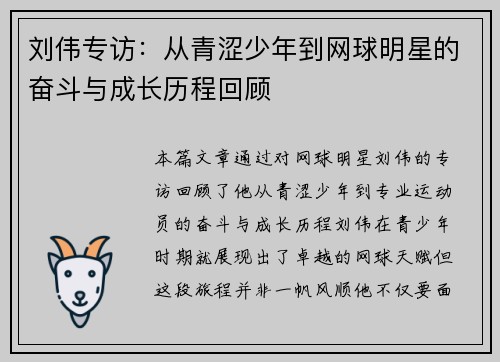 刘伟专访：从青涩少年到网球明星的奋斗与成长历程回顾