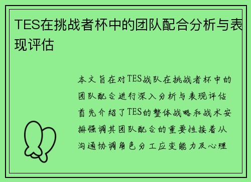 TES在挑战者杯中的团队配合分析与表现评估