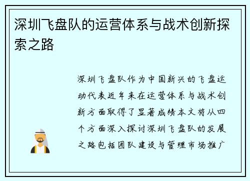 深圳飞盘队的运营体系与战术创新探索之路