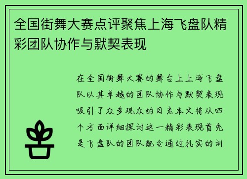 全国街舞大赛点评聚焦上海飞盘队精彩团队协作与默契表现